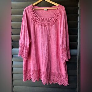 Bedford Fair Women's 2X Pink 100% Cotton Embroidered Blouse